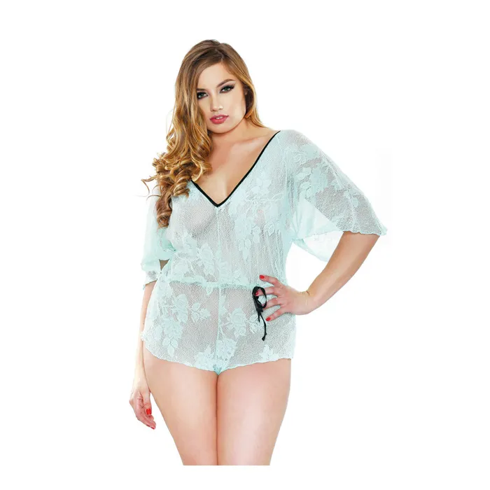 Fantasy Lingerie Vibrators Curve Stretch Lace Romper Seafoam 1X2X