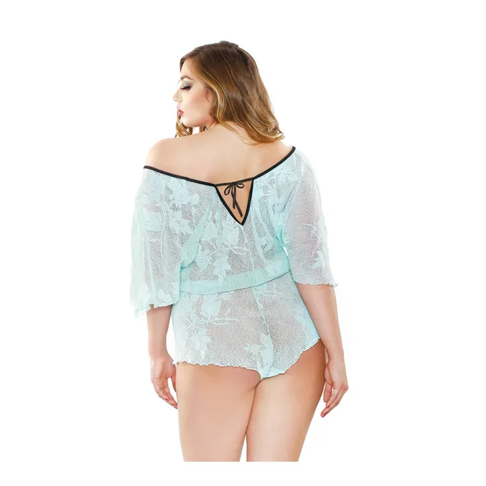 Fantasy Lingerie Vibrators Curve Stretch Lace Romper Seafoam 1X2X