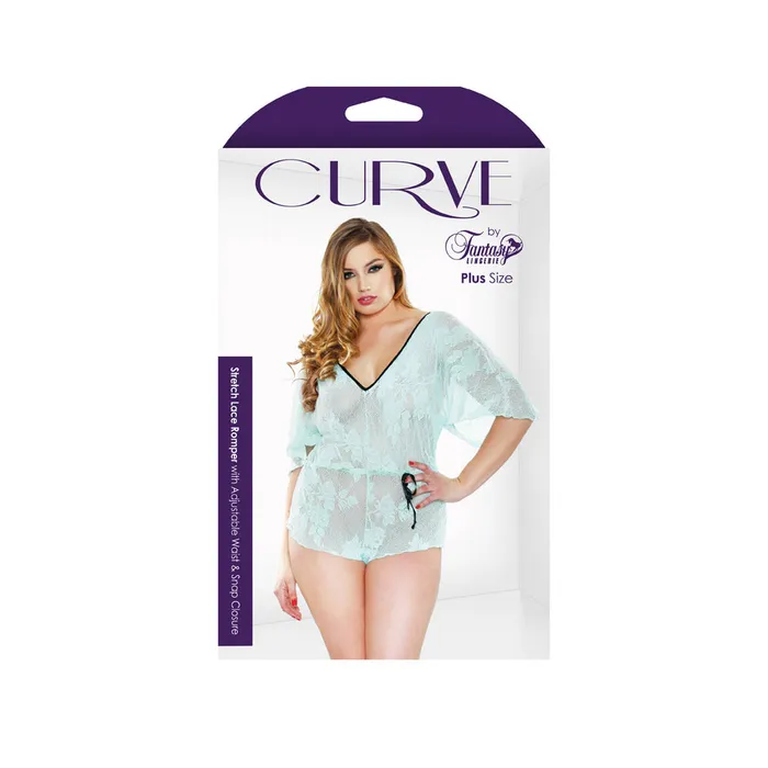Fantasy Lingerie Vibrators Curve Stretch Lace Romper Seafoam 1X2X