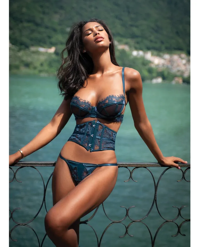 Roma Costume Anal Eden Scalloped Eyelash Lace Wet Look Waspie 3 pc Set Teal