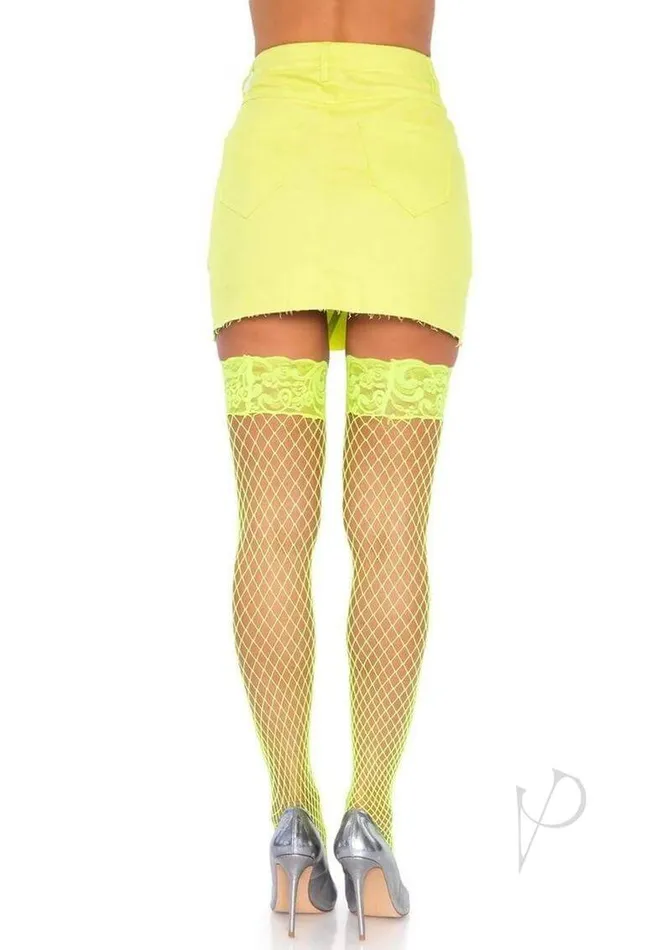 Nya Net Thigh Highs Neon Yellow Industrial Net Hosiery with Silicone StayUp Lace Top by Leg Avenue Leg Avenue Inc Female Sex Toys