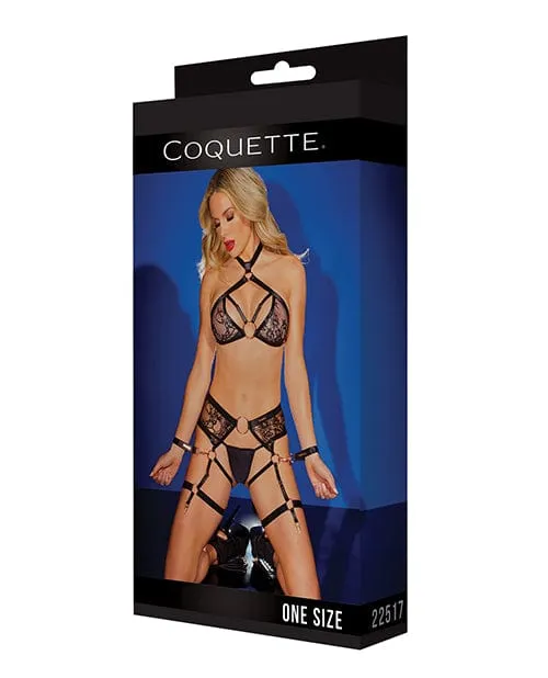 Coquette International Anal Black Label Strappy Detail Halter Top Crotchless Panty Garters Restraints Black One Size Fits Most Coquette International Anal Black Label Strappy Detail Halter Top Crotchless Panty Garters Restraints Black One Size Fits Most