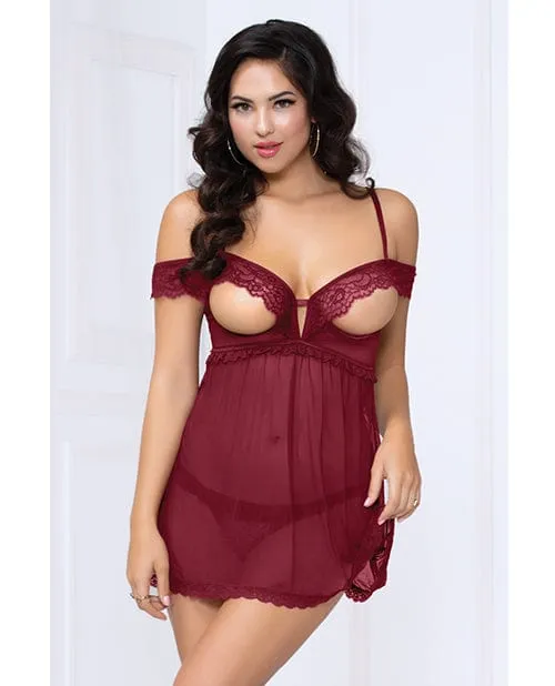 Lace and Mesh Open Cups Babydoll With fly Away Back and Panty Seven til Midnight Female Sex Toys