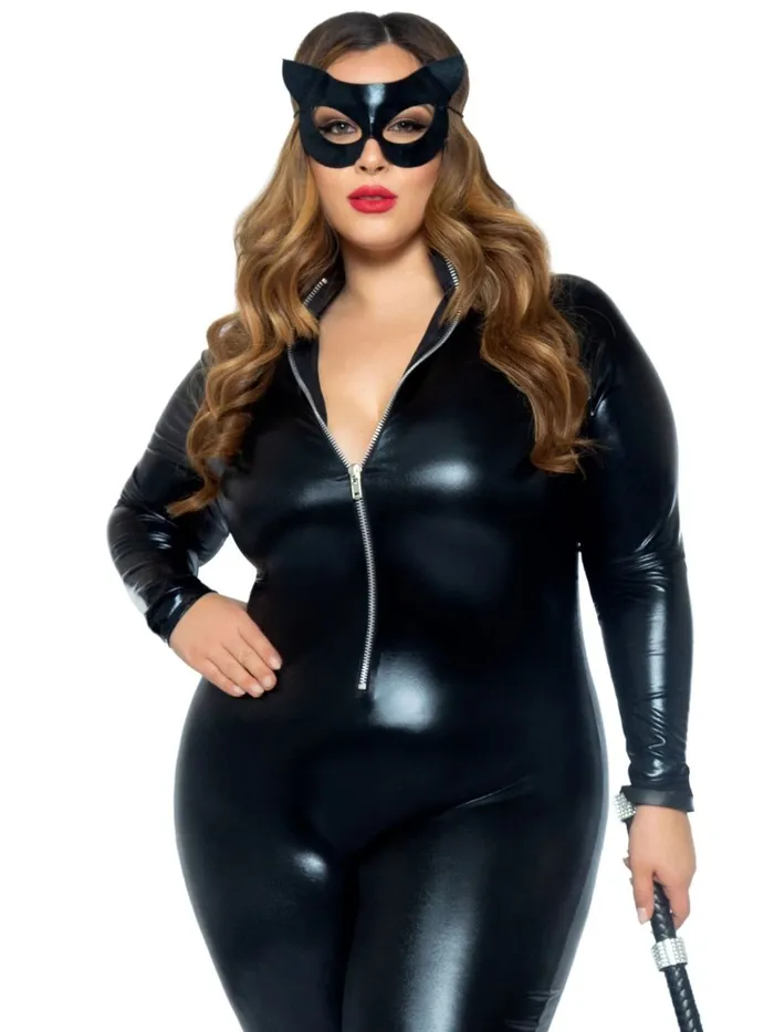 Anal Leg Avenue Lame Zipper Front Catsuit Black