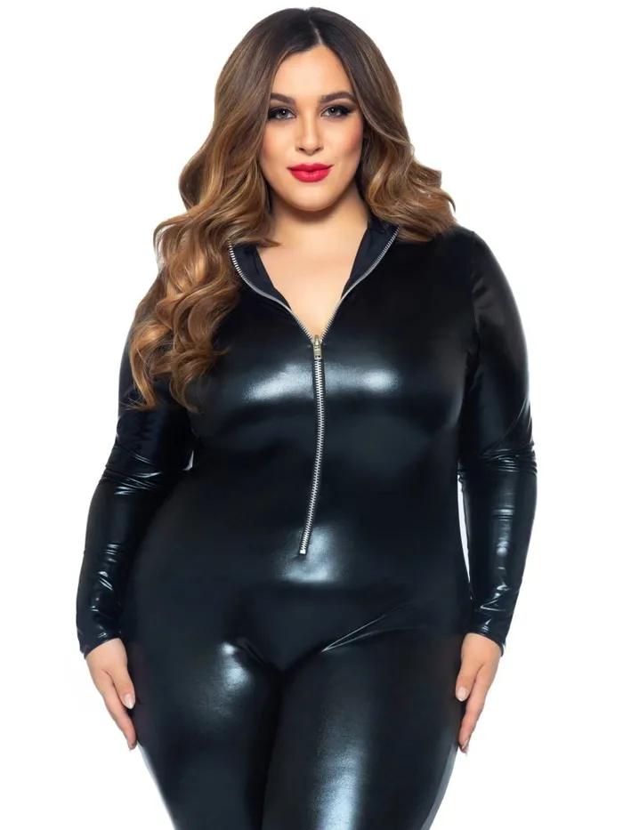 Anal Leg Avenue Lame Zipper Front Catsuit Black