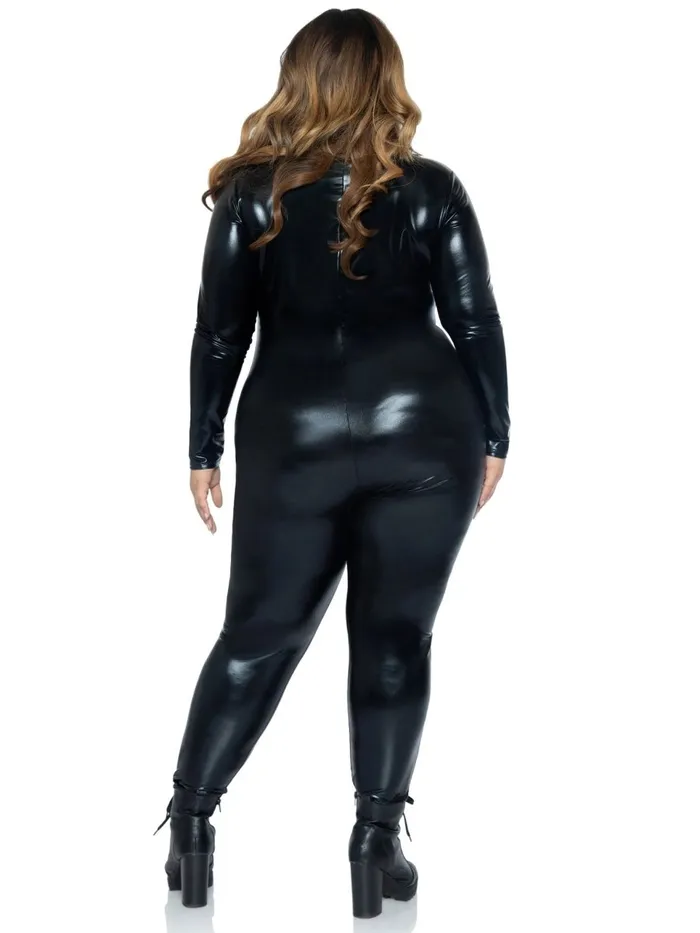 Anal Leg Avenue Lame Zipper Front Catsuit Black