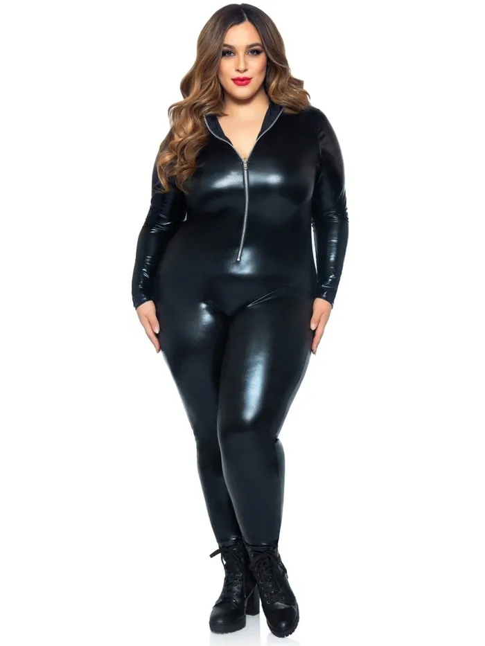 Anal Leg Avenue Lame Zipper Front Catsuit Black