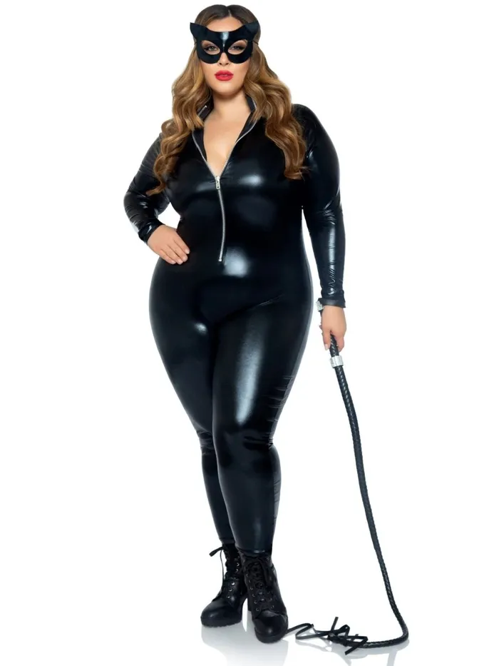 Anal Leg Avenue Lame Zipper Front Catsuit Black