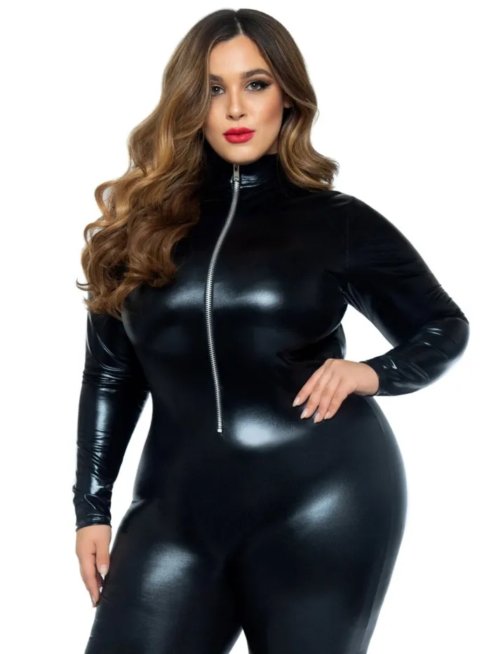 Anal Leg Avenue Lame Zipper Front Catsuit Black