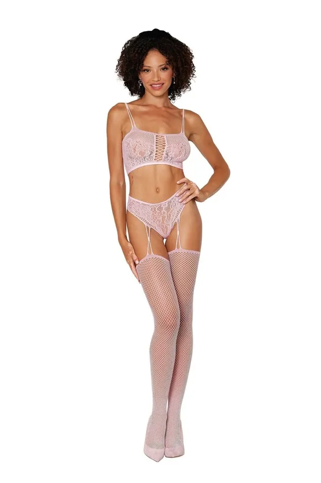 Bralette and Garter Hose One Size Pink Dreamgirl Vibrators