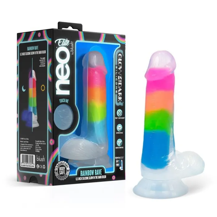 Female Sex Toys Blush Neo Elite Glow in the Dark Rainbow Rave 65 Silicone Dual Density Dildo Multicolored Female Sex Toys Blush Neo Elite Glow in the Dark Rainbow Rave 65 Silicone Dual Density Dildo Multicolored