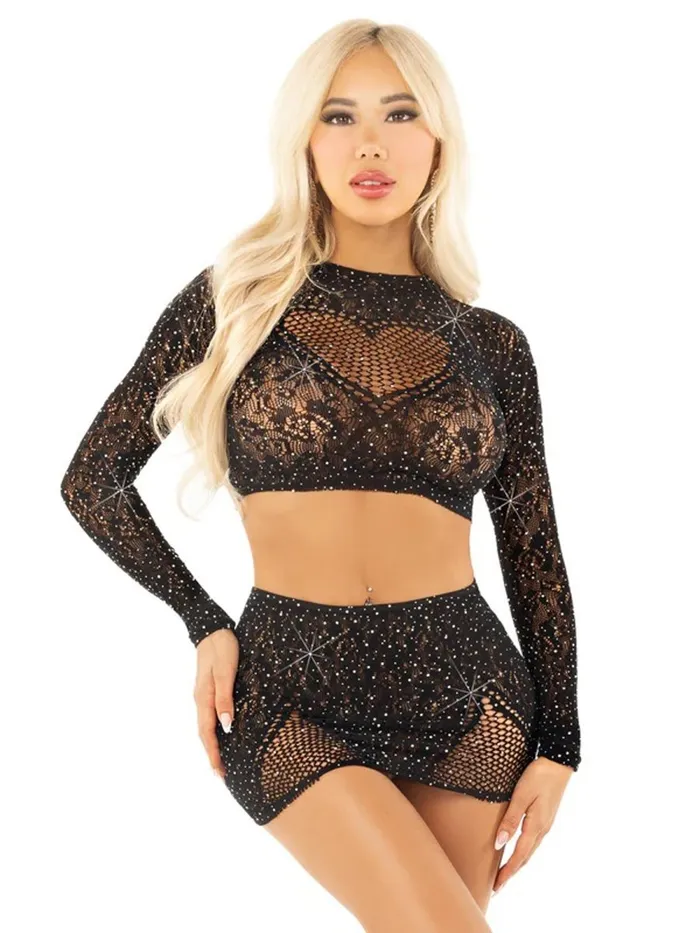 Leg Avenue Anal Black 2pc Rhinestone Lace and Net Crop Top With Heart Keyhole Mini Skirt Os Leg Avenue Anal Black 2pc Rhinestone Lace and Net Crop Top With Heart Keyhole Mini Skirt Os