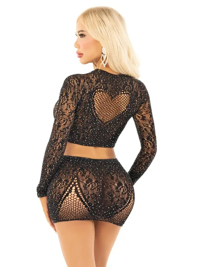 Leg Avenue Anal Black 2pc Rhinestone Lace and Net Crop Top With Heart Keyhole Mini Skirt Os Leg Avenue Anal Black 2pc Rhinestone Lace and Net Crop Top With Heart Keyhole Mini Skirt Os