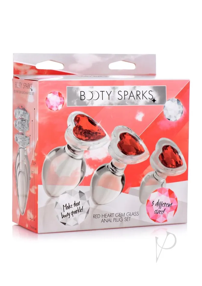 Anal Booty Sparks Booty Spark Red Heart Gem Glass Plug Set