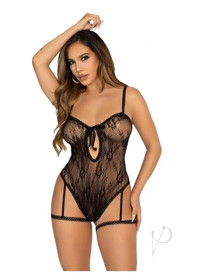 Lace Garter Teddy Key Cross Strap Blk Os Leg Avenue Female Sex Toys