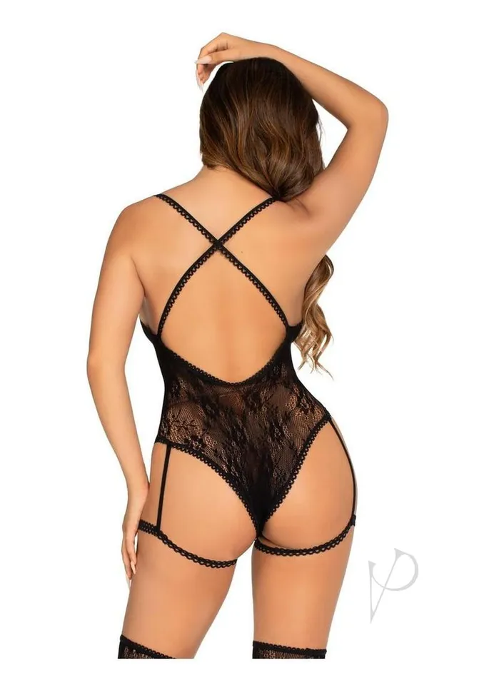 Lace Garter Teddy Key Cross Strap Blk Os Leg Avenue Female Sex Toys