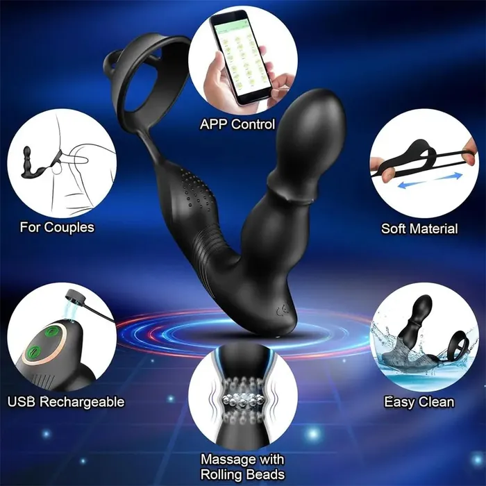 Vibrating Rolling Anal Plug Vibrator with Cock Ring 42 Inch Adorime Male Sex Toys
