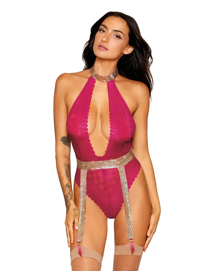 Plunge Lace Teddy with Rhinestone Garters Dreamgirl Female Sex Toys